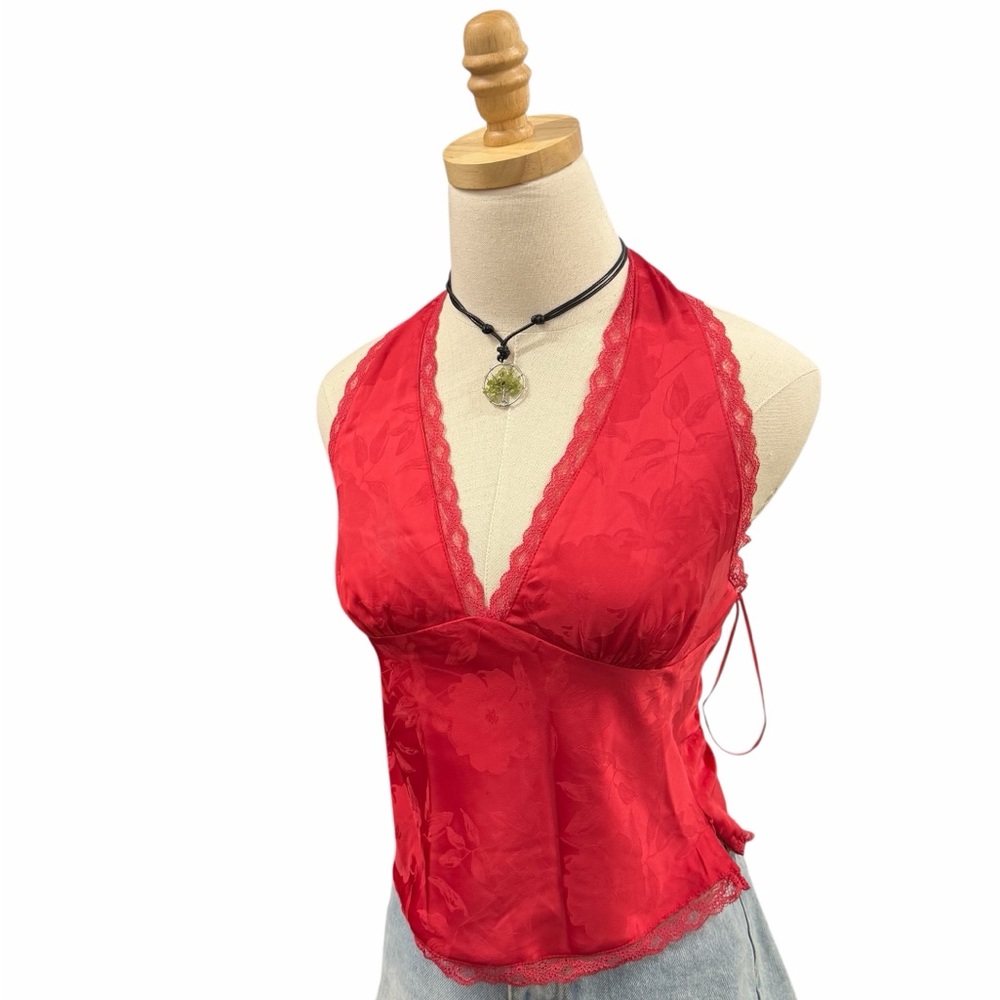 Cotton Candy LA Red Satin Halter Lace Cami Top NWT